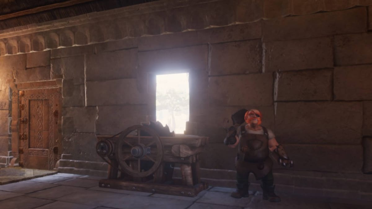 Carpenter NPC Standing Next to a Table Saw in Front of a Window in Enshrouded