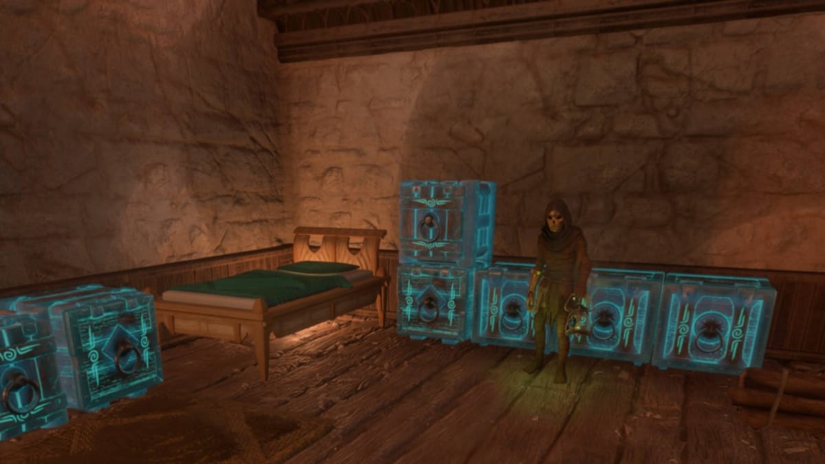 The Collector NPC standing next to magical chests and a bed in Enshrouded
