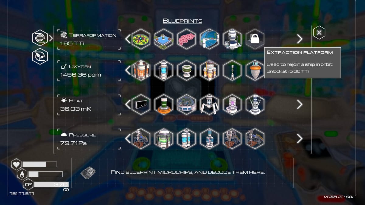 Highlighting the locked Extraction Platform in The Planet Crafter's Blueprints menu