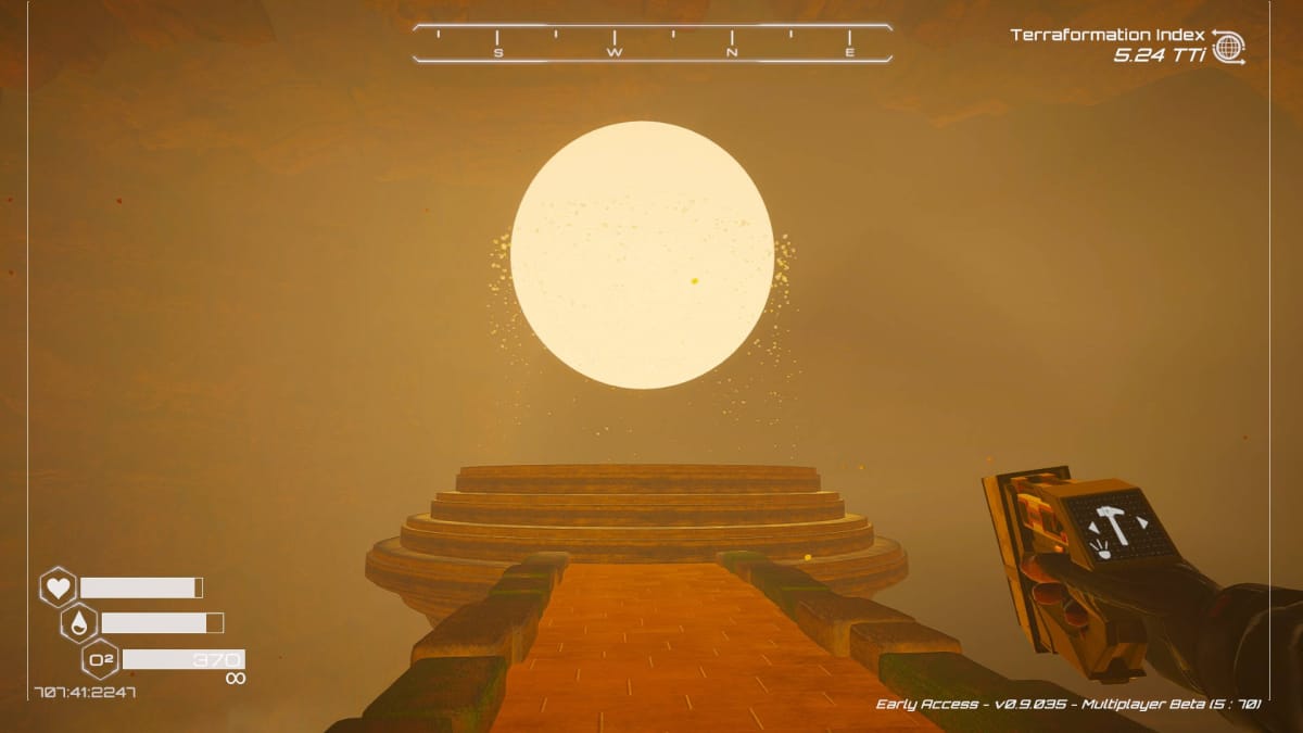 A floating white orb known as The Warden's Anomaly floating atop a pedestal at the end of a bridge in The Planet Crafter