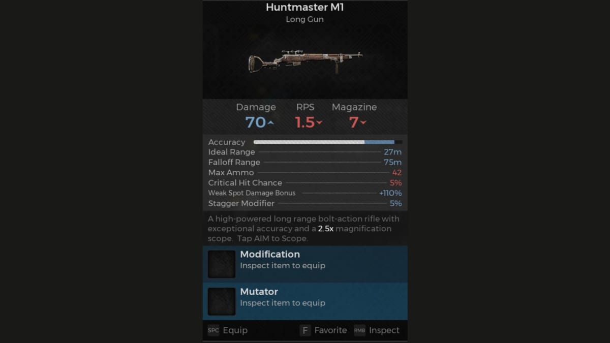 Huntmaster M1 screenshot of weapon panel from Remnant 2