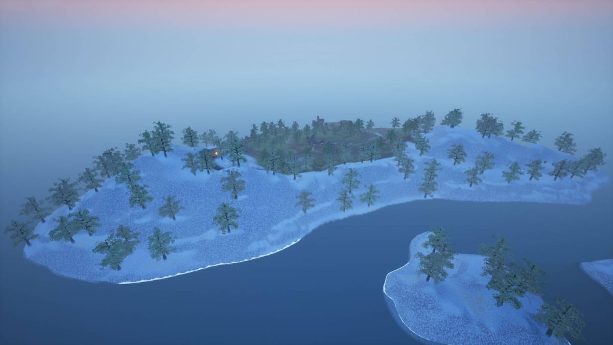 The Town of Mot's Island seen from afar in Hydroneer's Volcalidus DLC