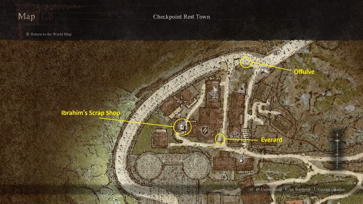 Map of the Checkpoint Rest Town With Markers for the Jadeite Orb Quest