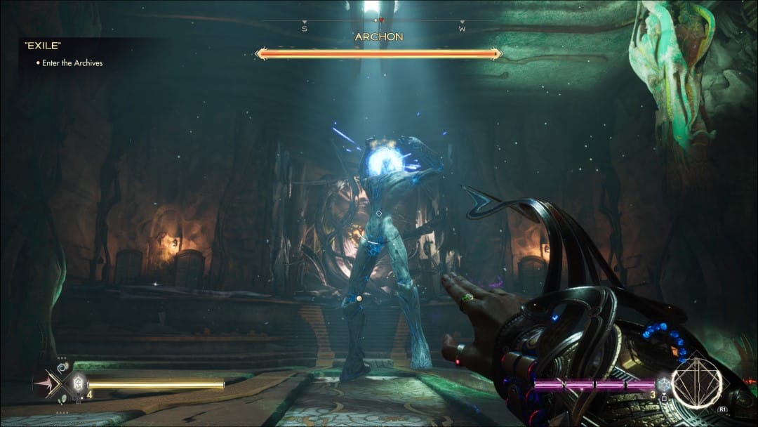 An archon boss fight from Immortals of Aveum, the archon's face beginning to glow with blue energy