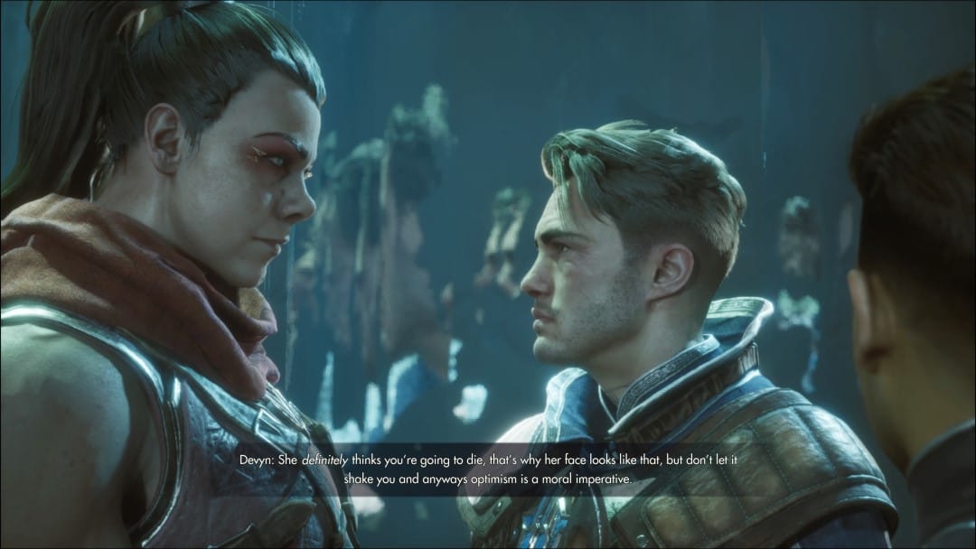 A screenshot of Zendara and Jak, with dialogue credited to Devyn in subtitles down below