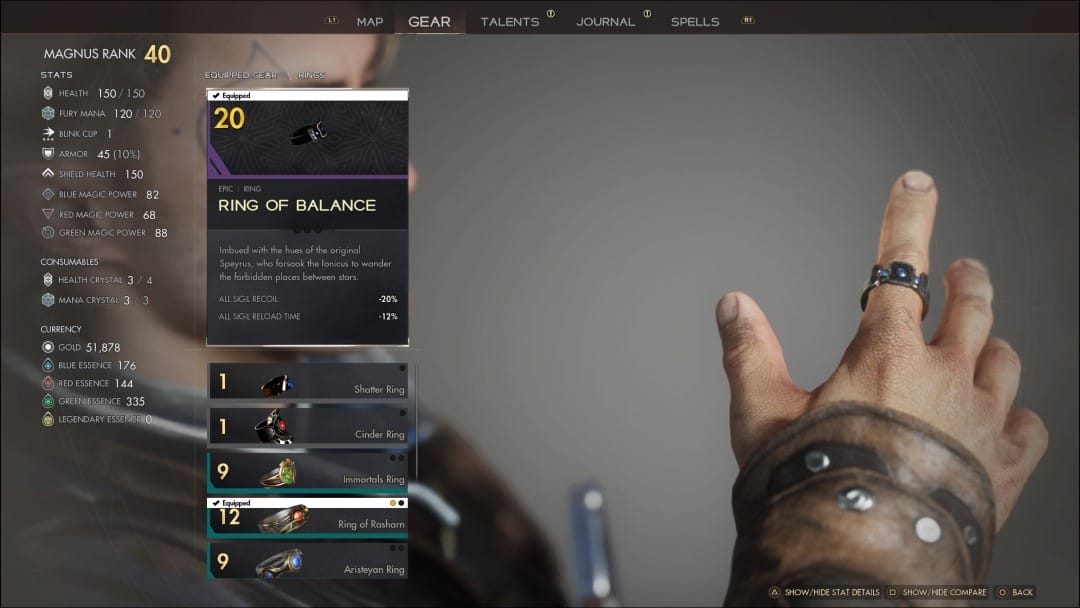 A screenshot of the gear menu from Immortals of Aveum, focusing on a ring on Jak's finger