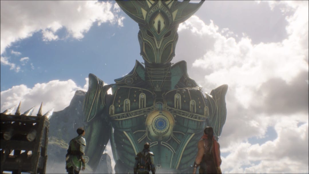 Jak, Devyn, and Zendara staring at a large humanoid mech looming over them.