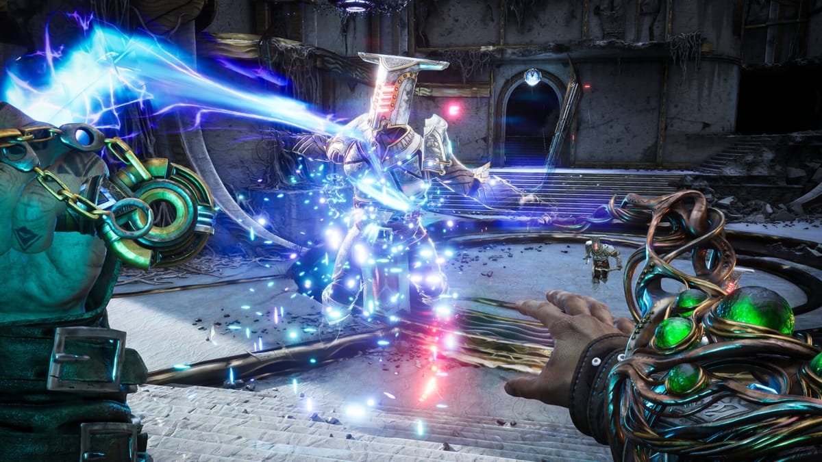 The player shooting an enemy with magic in Immortals of Aveum, a PlayStation Plus April 2024 game