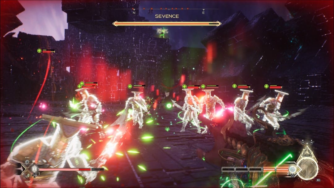 A screenshot of the Sevence boss fight from Immortals of Aveum, showing a wave of knights with glowing green auras charging at the camera