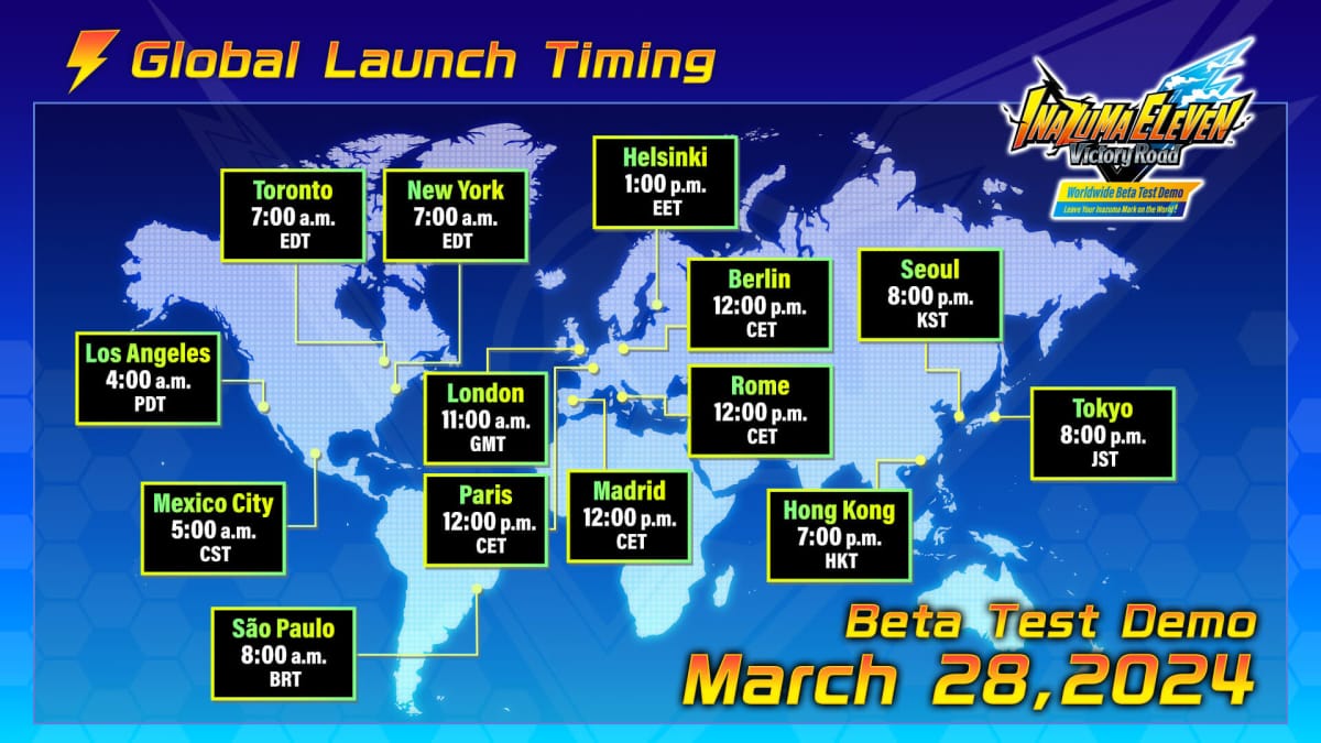 A map showing global release times for the Inazuma Eleven: Victory Road beta test