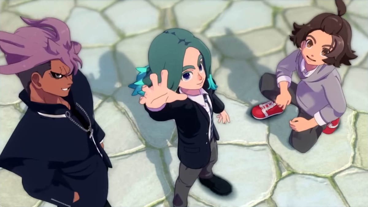 Three characters, one of whom is holding their arm aloft, in Inazuma Eleven: Victory Road