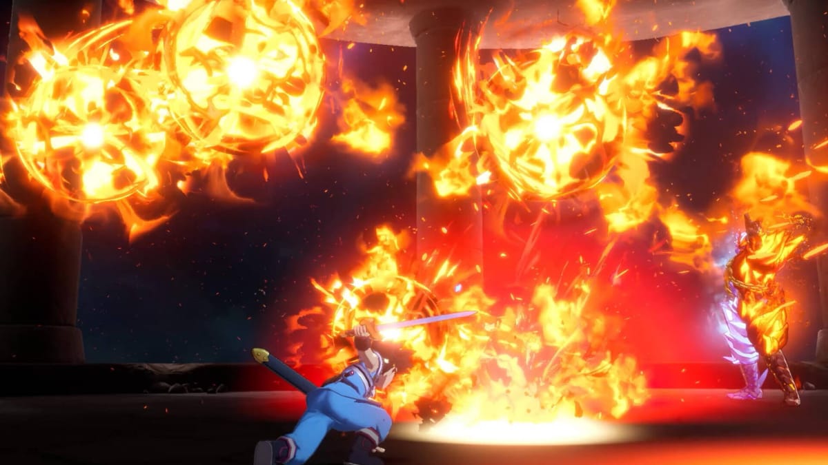 Dai engaging in combat while fiery explosions go off around him in Infinity Strash: Dragon Quest The Adventure of Dai