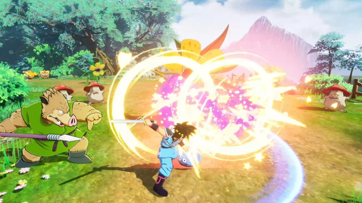 infinitystrash dragon quest gameplay shot of the character attacking what look to be large flowers and mushrooms, as well as a large pig with a spear