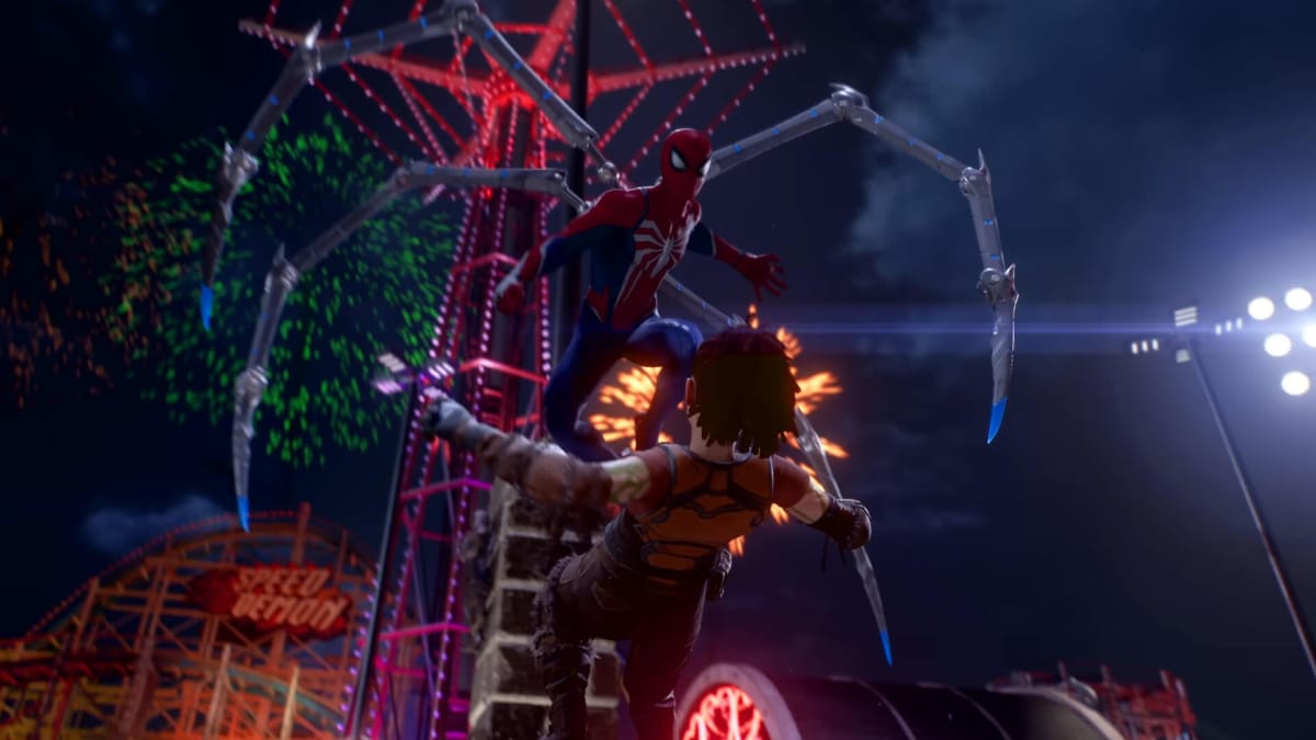 Spider-Man leaping to attack an enemy at a fairground in Insomniac Games' title Marvel's Spider-Man 2