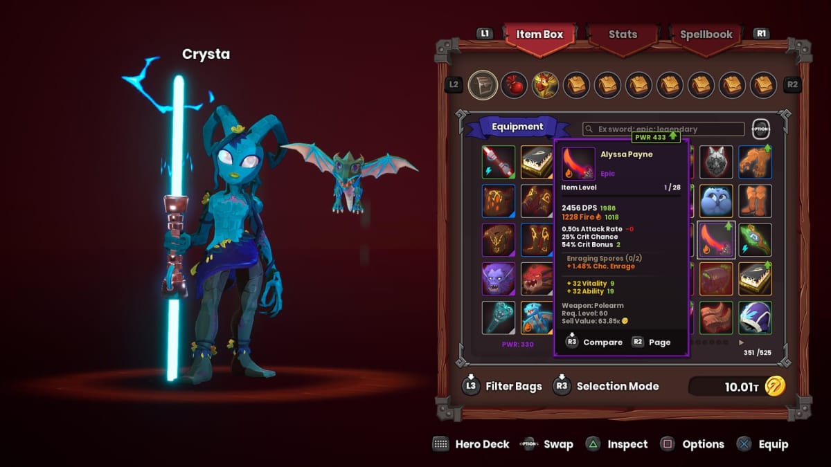 Dungeon Defenders Going Rogue update, where we see one of the heroes, Crysta, within the inventory menu, choosing which gear they would like to put on. 