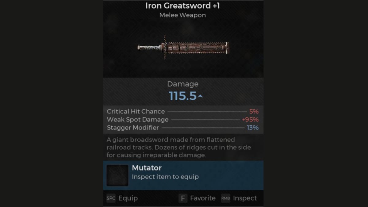 Iron Greatsword screenshot of weapon panel from Remnant 2
