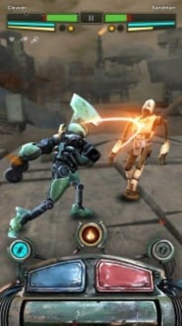 Ironkill screenshot showing two robots having a punch-up with some game UI elements around the bottom making it clear that this is a phone game. 