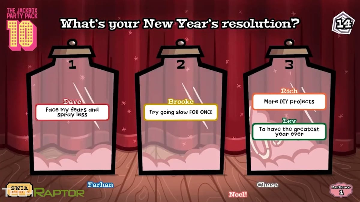 Players send in their New Year's Resolutions during a game of Hypnotorious in Jackbox Party Pack 10.