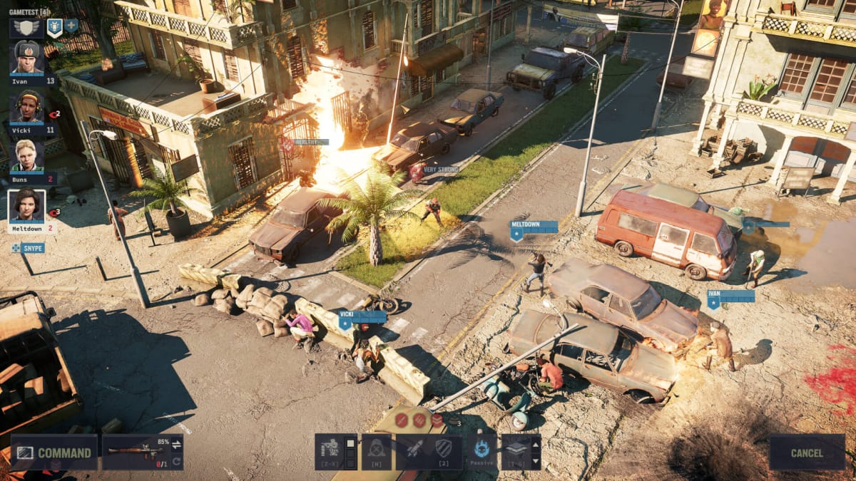 A chaotic combat scene on a sunny street in Jagged Alliance 3