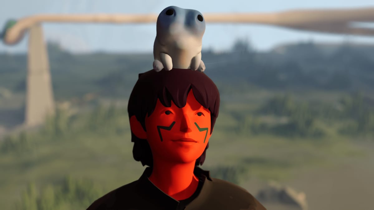 An in-engine cutscene of Jusant, showcasing the player character smiling in reaction to their companion Ballast lying on their head.