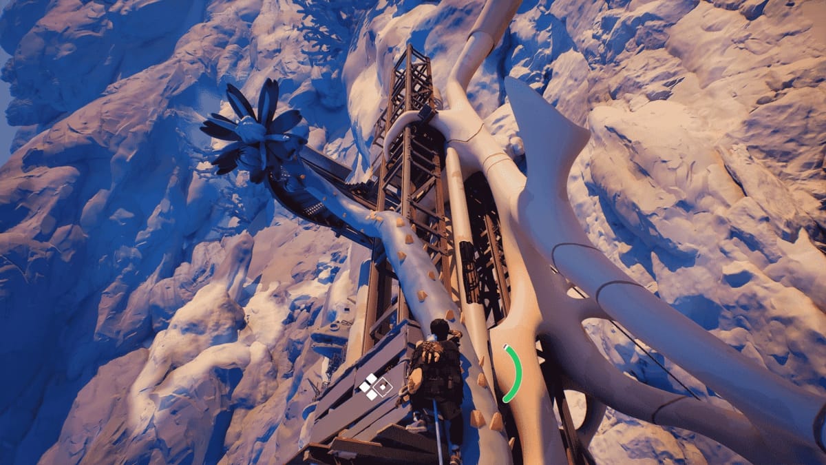 An in-game screenshot of Jusant, showcasing the character climbing on a blue vine that stretches across the man-made building.