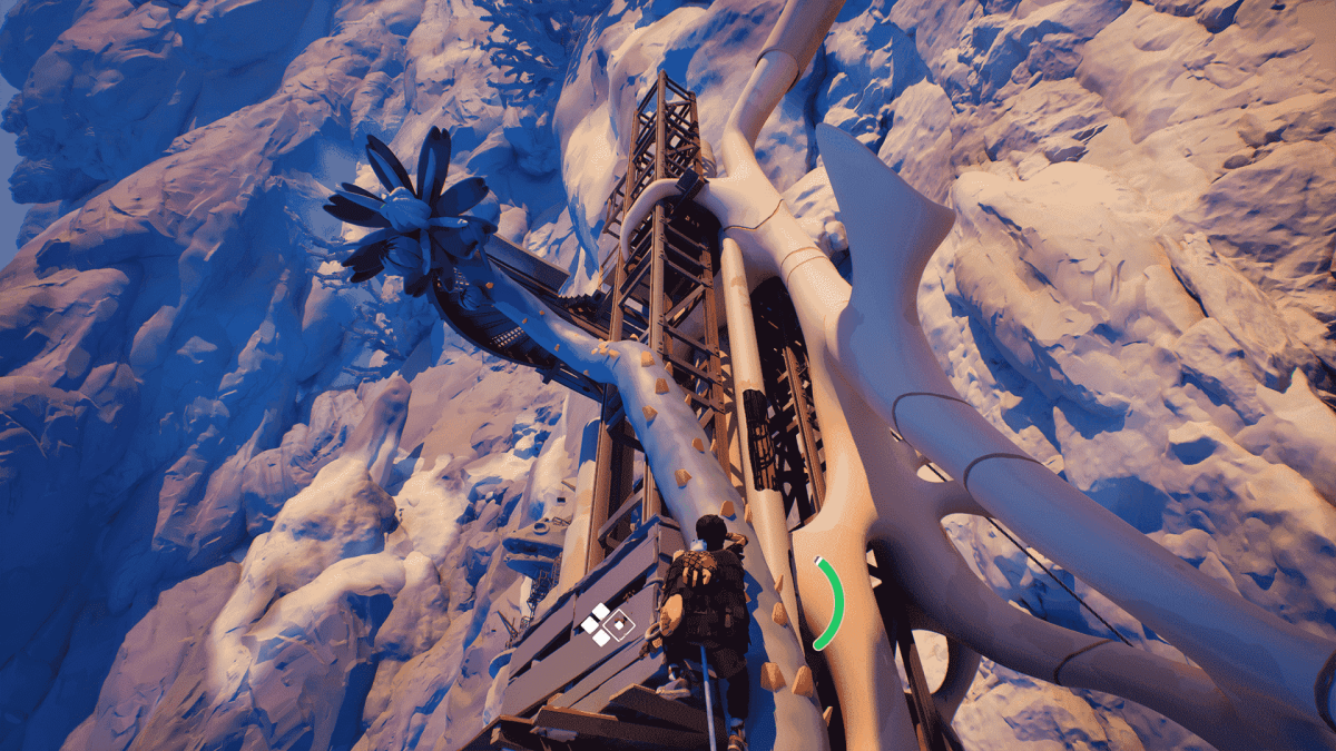 An in-game screenshot of Jusant, showcasing the character climbing on a blue vine that stretches across the man-made building.