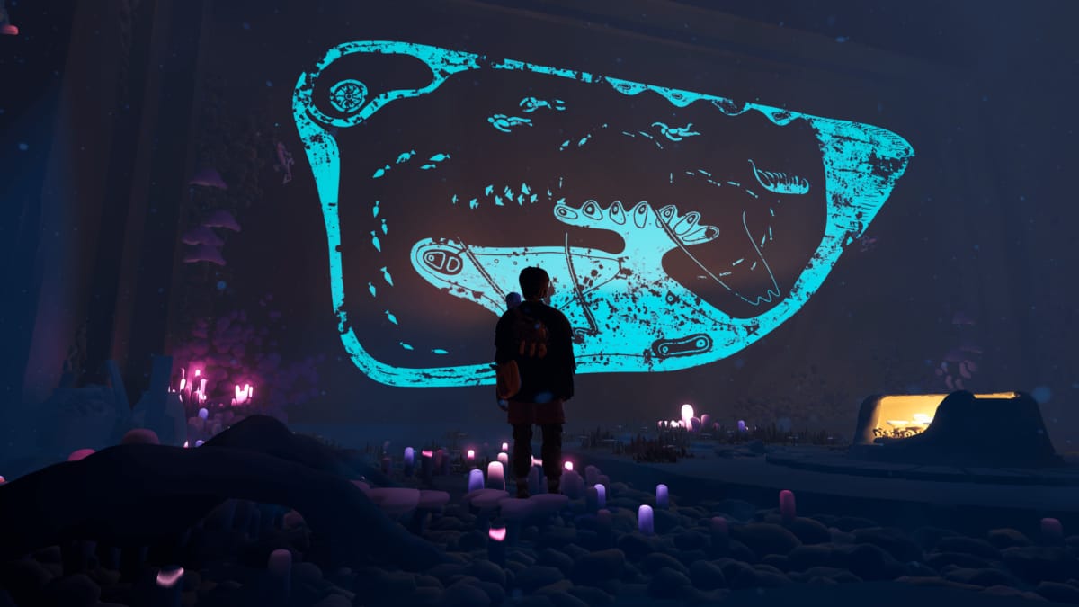 An in-game screenshot of Jusant, showcasing the player character inside a vigil, with a glowing fresco in front of them. 