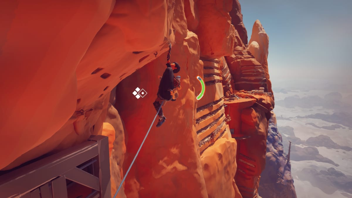An in-game screenshot of Jusant, showcasing the player character climbing an overhang, with their stamina depleting.