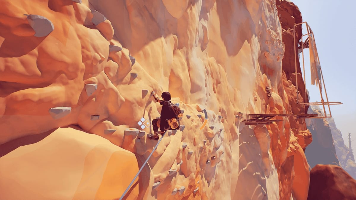 An in-game screenshot of Jusant, showcasing the player climbing a sandy cliff face with lowering stamina. 