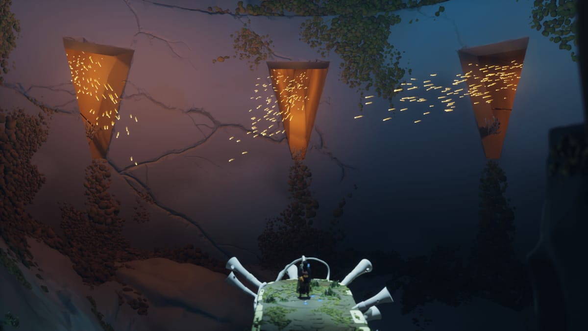 An in-engine cutscene of Jusant, showcasing several fireflies flying out of triangular holes.