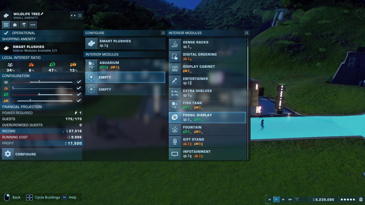 Configuring a shopping amenity in Jurassic World Evolution 2