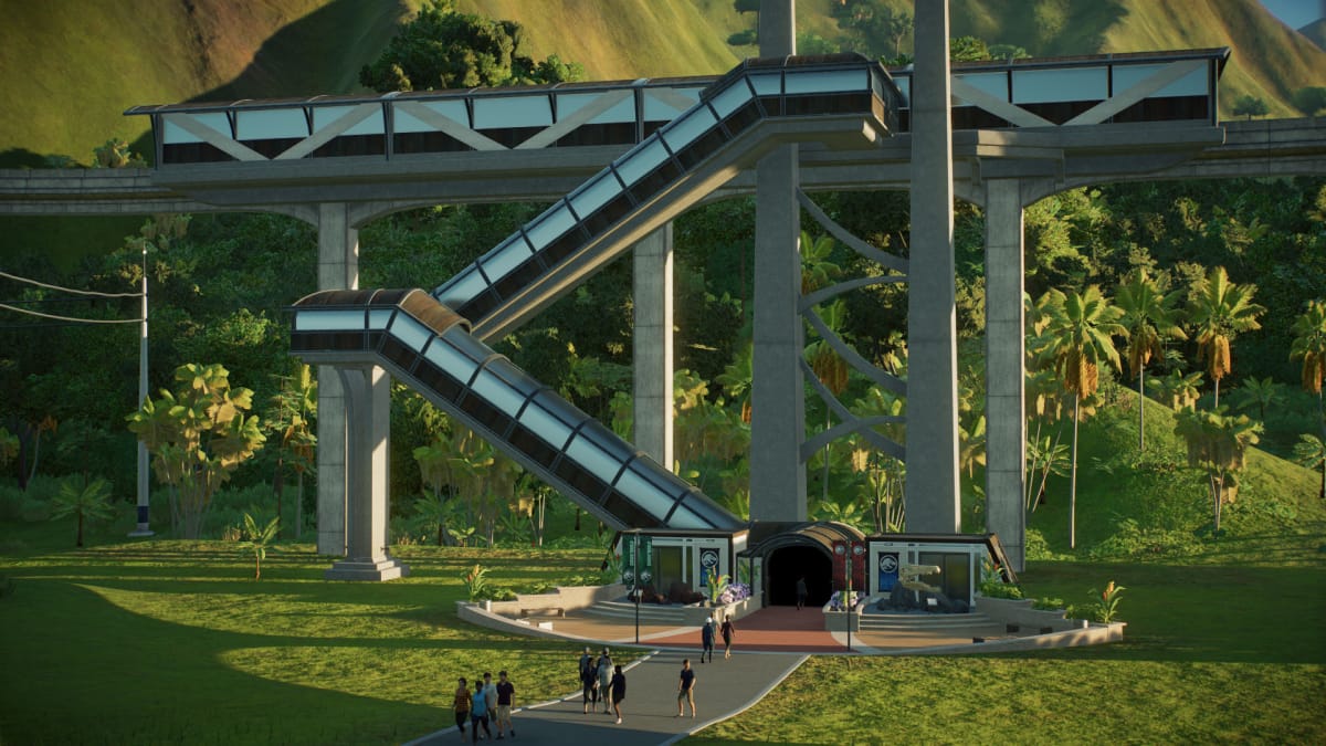 A monorail station in Jurassic World Evolution 2