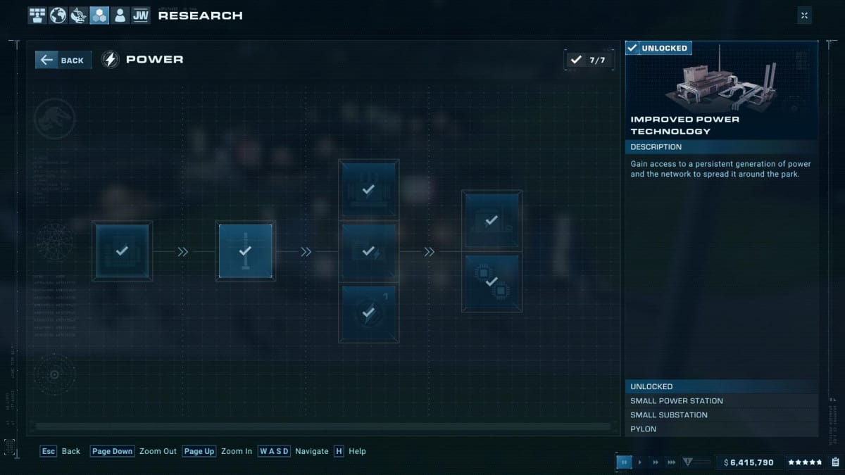 The power research screen in Jurassic World Evolution 2