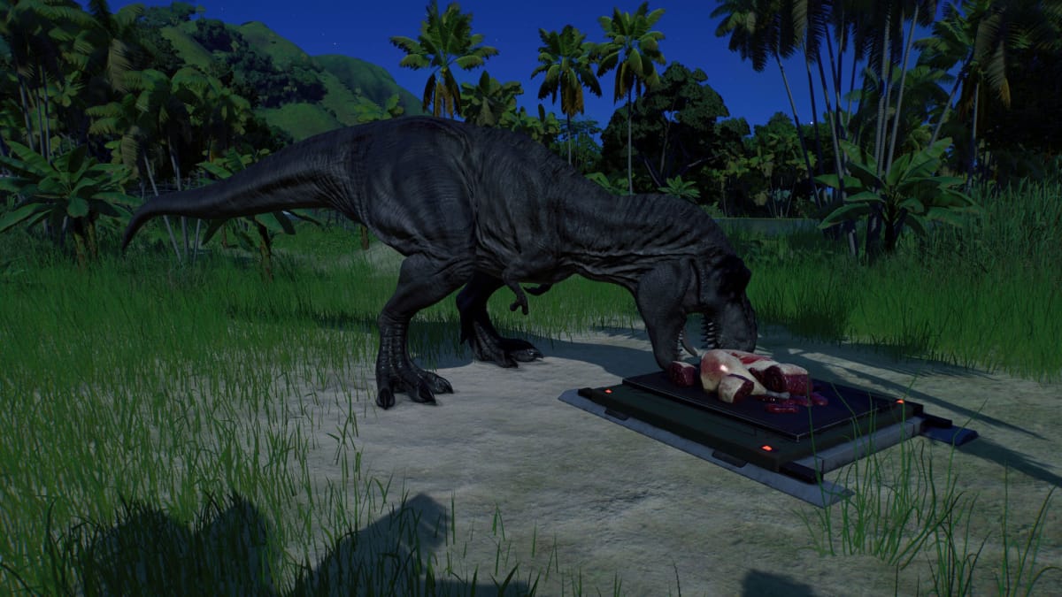 A T. rex eating meat in Jurassic World Evolution 2
