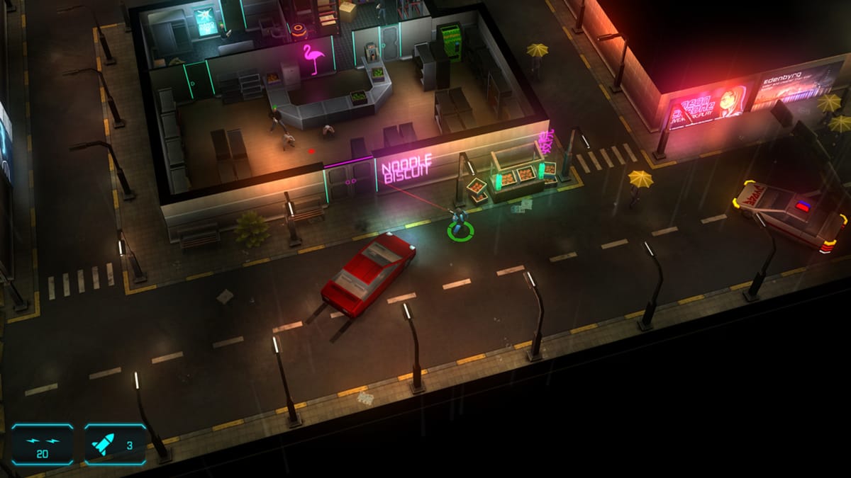 The player in Jydge stands outside of a place called Noodle Biscuit.