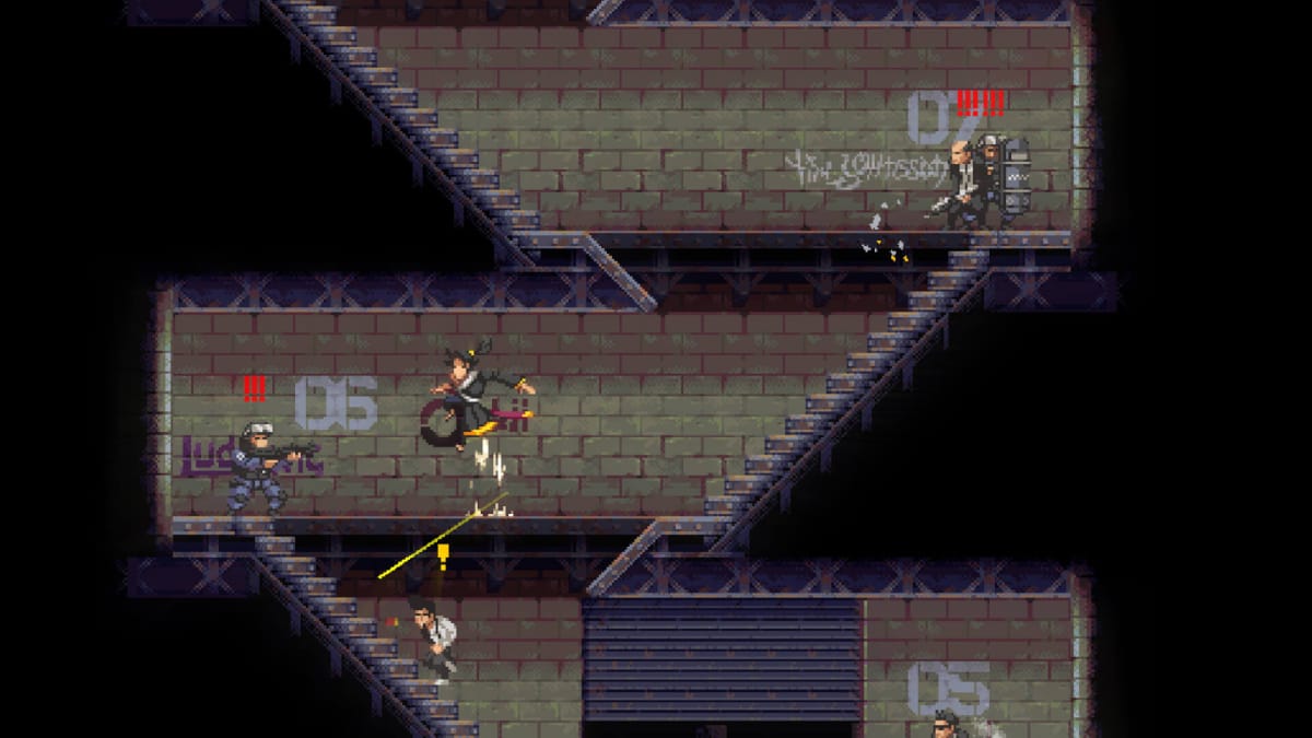 The player slashing at guards in a cramped corridor in Katana Zero, a GameMaker game