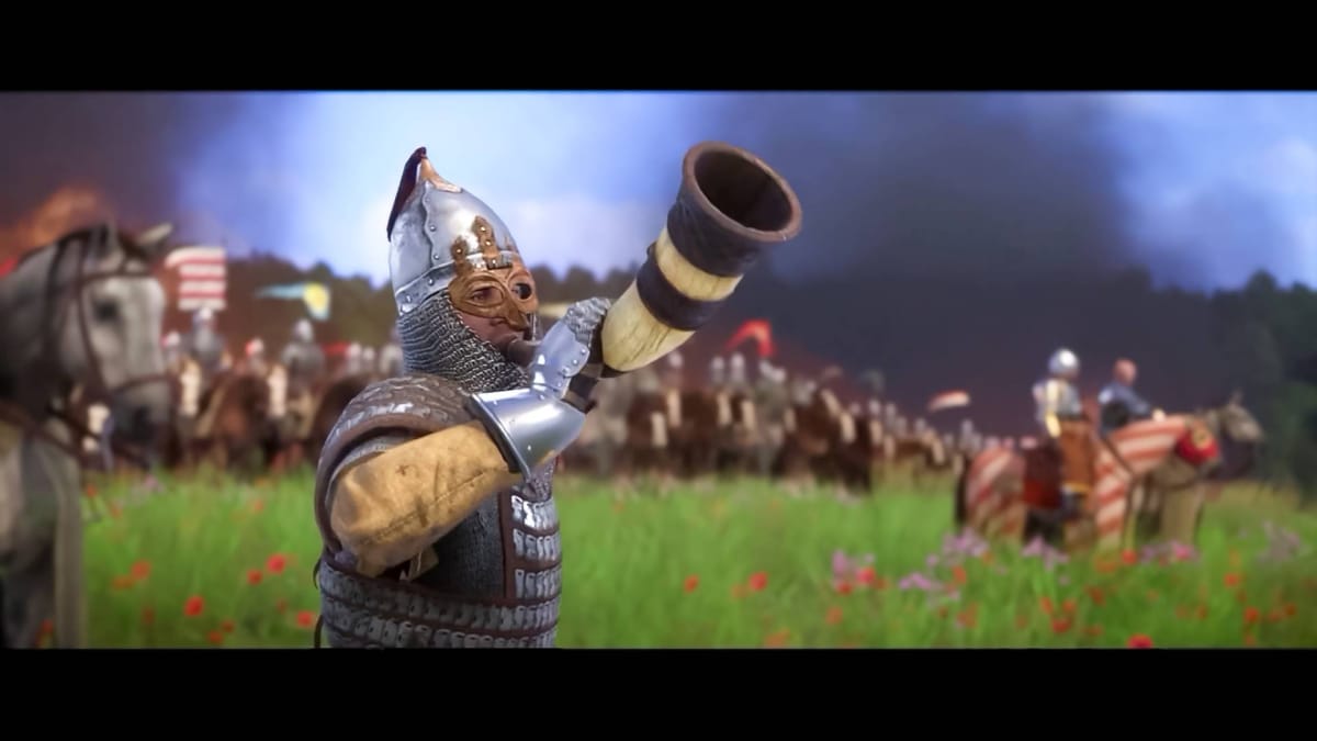 Kingdom Come Deliverance Nintendo Switch Screenshot showing a soldier blowing a horn