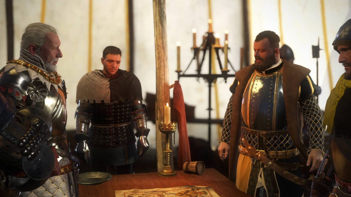 A group of characters wearing armor and gathered around a table on which sits a map in Kingdom Come: Deliverance