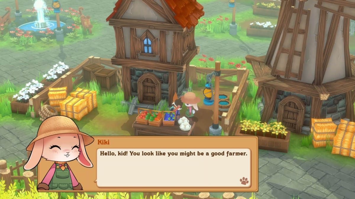 A rabbit character saying "hello, kid! You look like you might be a good farmer" in Kitaria Fables, one of the Prime Gaming January 2024 games