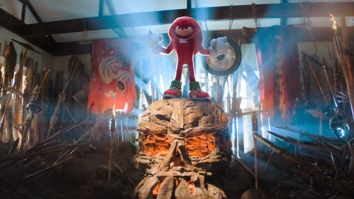 Knuckles standing atop a rock that resembles a skull in the Knuckles live-action series