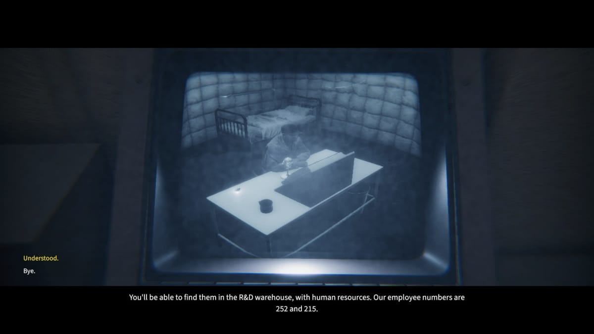 An in-game screenshot of Kona II: Brume, showcasing the player talking to an NPC through the CCTV interrogation system.