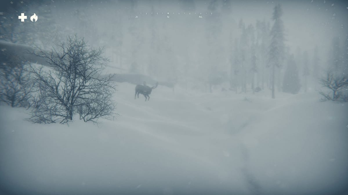 An in-game screenshot of Kona II: Brume, showcasing the player walking through a snowy field, with a moose staring directly at them.