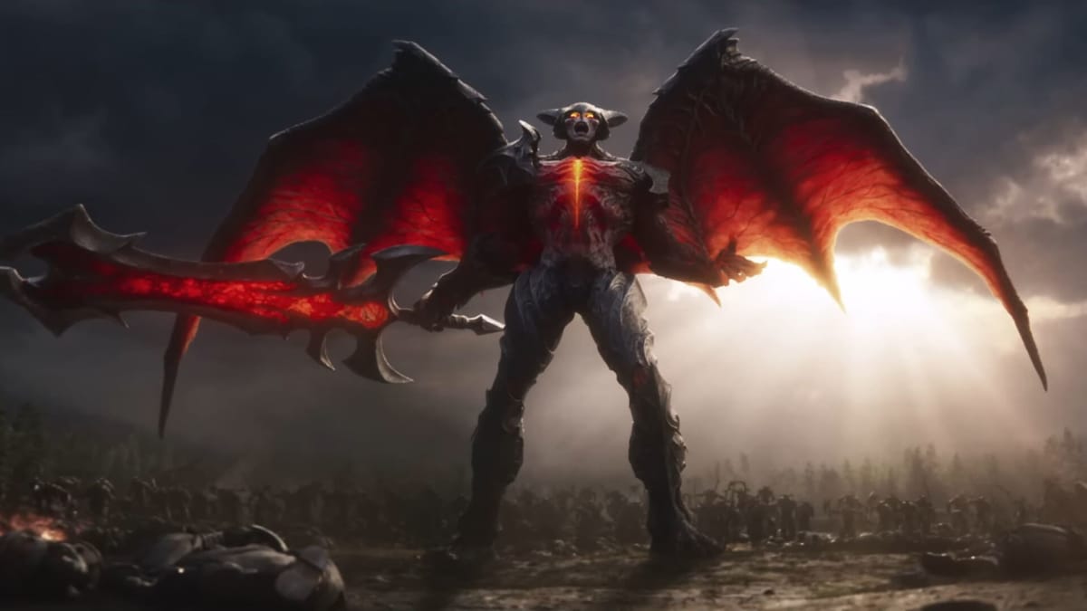 Aatrox stretching out his wings and shouting in the League of Legends Season 2024 cinematic