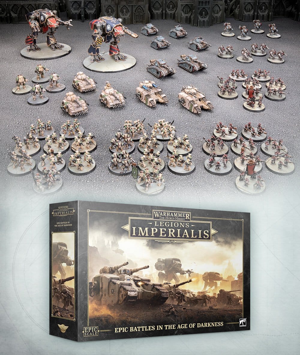 A full product shot of Legions Imperialis of the components of the starter set from Games Workshop.