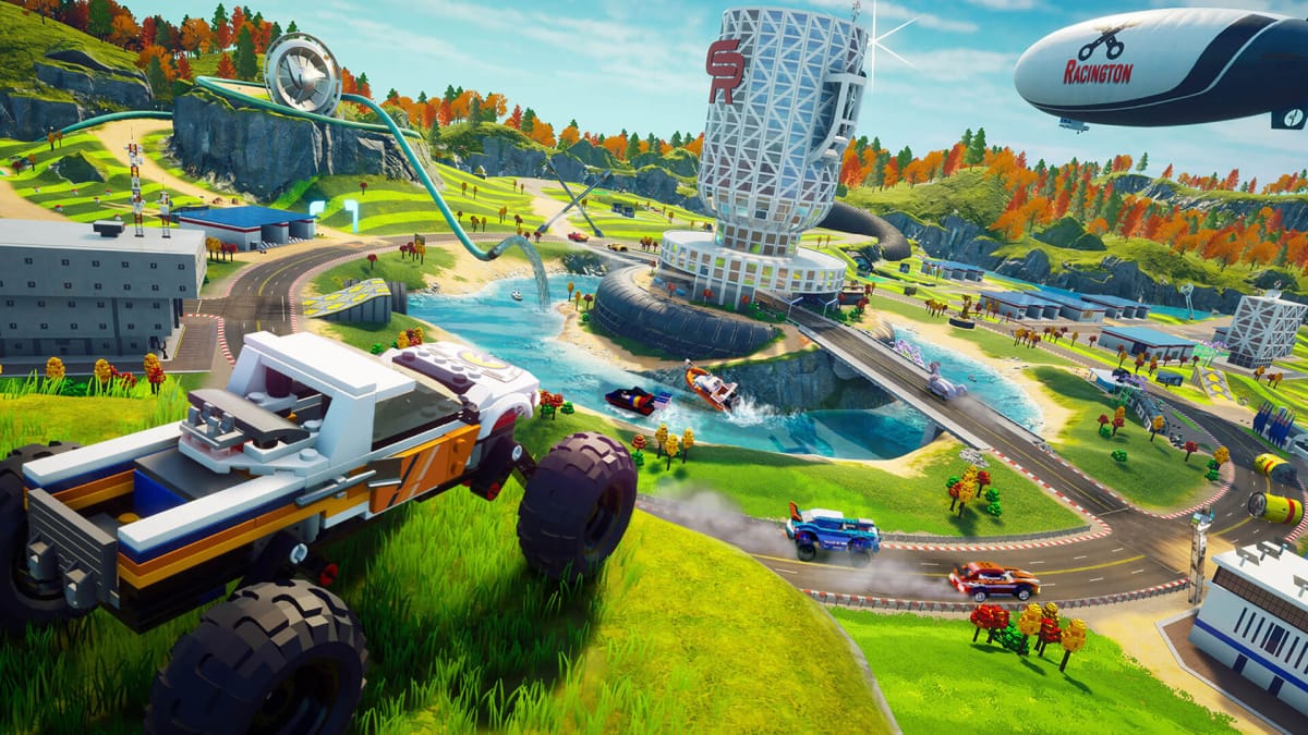 A landscape full of roads and winding structures in Lego 2K Drive, a game worked on by Visual Concepts Austin