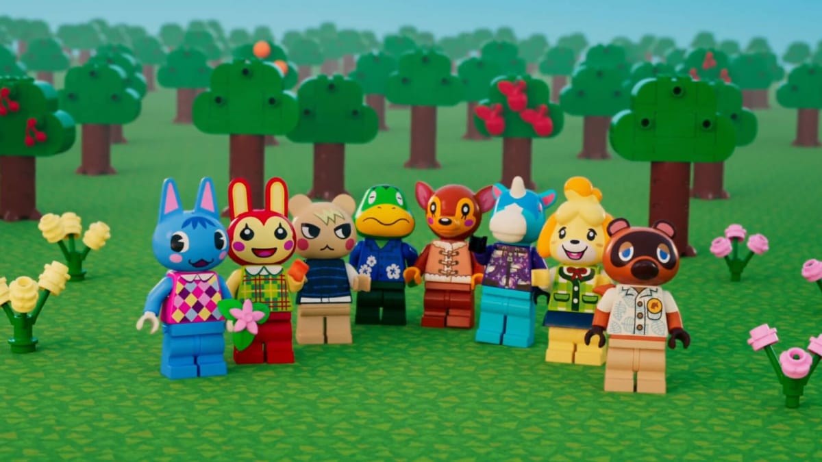 A group of Lego Animal Crossing characters standing in a Lego field