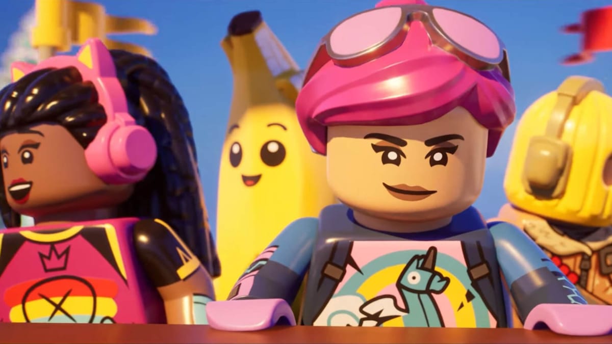 Characters looking out over the rim of an airborne vehicle in Lego Fortnite
