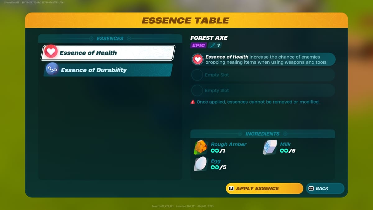 Adding an Esscence of Health to a tool.