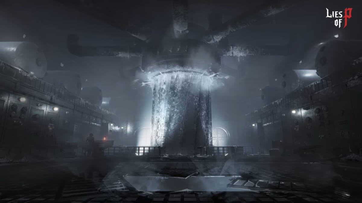Concept art for Lies of P DLC, which depicts a giant pillar in the middle of some kind of industrial facility