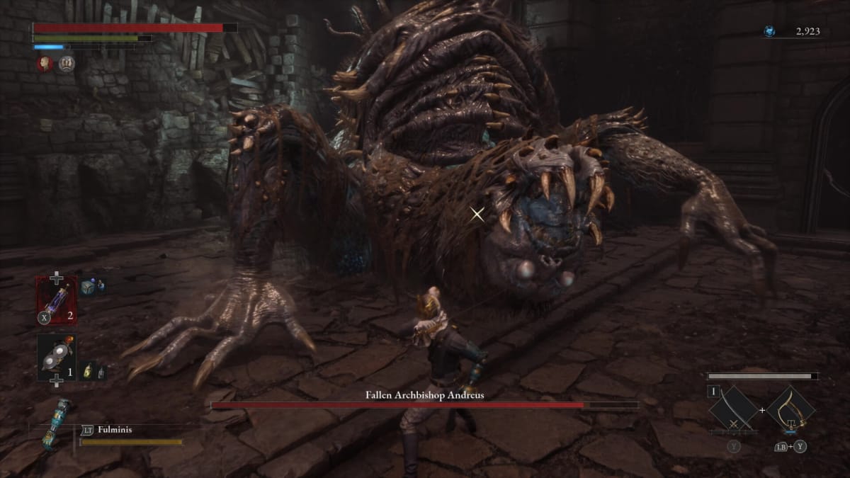 The player battling against the boss Andreus, which is a giant malformed monster, in Lies of P